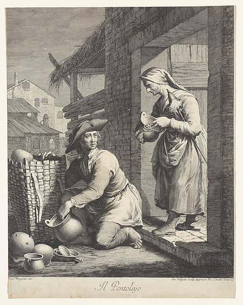 A young man on his knees cleaning pots brought to him by a woman at right, by Giovanni Volpato
