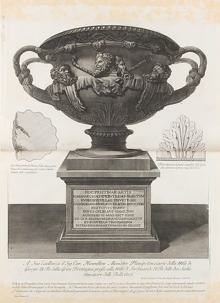 Large vase found at the Pantanello, Hadrian's Villa, Tivoli, in 1770 (The 'Warwick Vase'), from "Vasi, candelabri, cippi, sarcofagi, tripodi, lucerne, ed ornamenti antichi disegnati ed incisi dal Cav. Gio. Batt. Piranesi, Vol. I" (Vases, candelabra, grave stones, sarcophagi, tripods, lamps, and ornaments designed and etched by Cavalieri Giovanni Battista Piranesi), by Giovanni Battista Piranesi