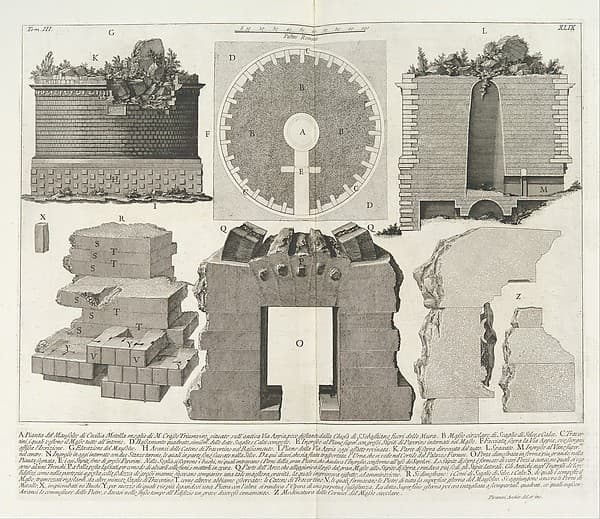 Plan of the Mausoleum of Caecilia Metella, wife of the Triumvir Marcus Crassus..., tome 3, tavola 49 from "Le Antichità Romane" (Roman Antiquities), by Giovanni Battista Piranesi