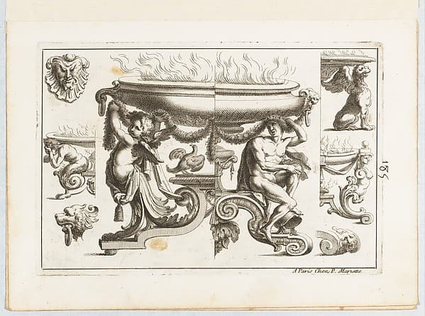Plate 5, from "Desseins de Brasiers dont les Ornements peuuent Seruir aux Cuuettes, Tables, et autres Ouurages d'Orfeurerie", by Alexis Loir
