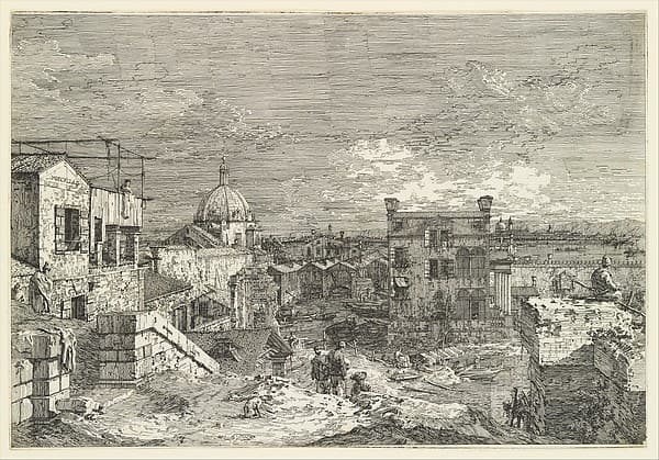 Imaginary View of Venice, houses at left with figures on terraces, a domed church at center in the background, boats and boat-sheds below, and a seated man observing from a wall at right in the foreground, from "Views" (Vedute altre prese da i luoghi altre ideate da Antonio Canal), by Canaletto (Giovanni Antonio Canal)