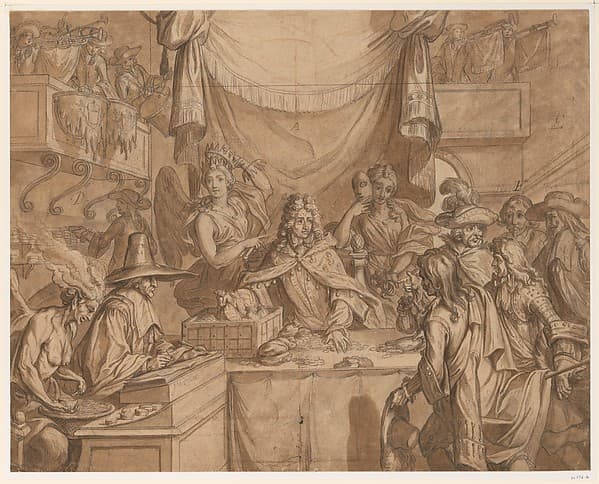 Study for an engraving: "Almanac pour l'an de Bissexte M.DC.XCII: La Lotterie Chimerique d'Augsbourg où chacun met du sien sans proffit"[sic], by Anonymous, French, 17th century
