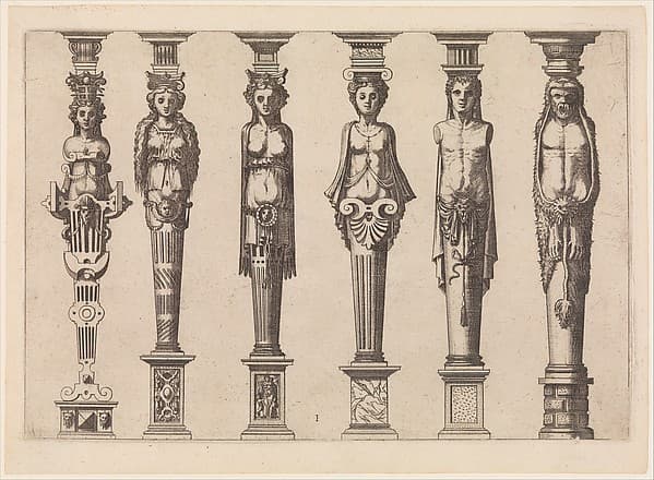 Six terms, four female and two male, with Hercules at far right, plate 1, from Caryatidum [...] sive Athlantidum multiformium ad quemlibet Architecture ordinem Accommodatarum centuria prima [...], by Hans Vredeman de Vries