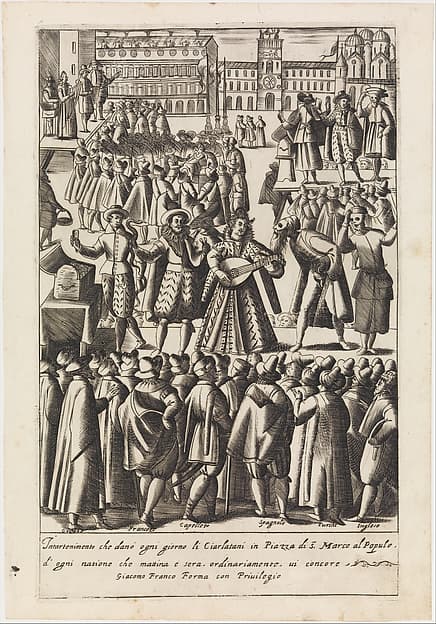 Intartenimento che demo ogni giorno li Ciarlatani from Habiti d'huomeni et donne Venetiane, by Giacomo Franco