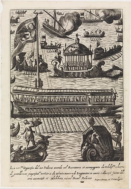 La serenissima Dogaressa dal suo palazzo...Bucintoro from Habiti d'huomeni et donne Venetiane, by Giacomo Franco