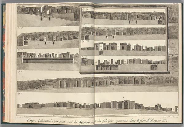 Cross-sections, which show the different aspects of the buildings shown in the plan of Pompeii [the preceding plate], from "Antiquités de Pompeïa, tome premier, Antiquités de la Grande Grèce..." (Antiquities of Pompeii, volume one, Antiquities of Great Greece...), volume 1, plate 3, by Francesco Piranesi