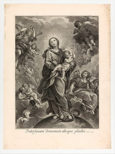 Destroy the dragon without sword; (Dan. 14.25); Virgin and Child on hemisphere, by Johann Jakob Frey the Elder