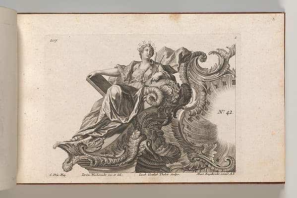 Design for a Rocaille Cartouche with the Figure of Prudentia, plate 1 from an untitled series with architectural cartouches and allegorical figures, by Jacob Gottlieb Thelot