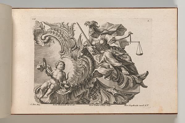 Design for a Rocaille Cartouche with the Figure of Justitia, plate 2 from an untitled series with architectural cartouches and allegorical figures, by Jacob Gottlieb Thelot