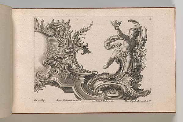 Design for a Rocaille Cartouche with the Figure of a Putto, plate 3 from an untitled series with architectural cartouches and allegorical figures, by Jacob Gottlieb Thelot
