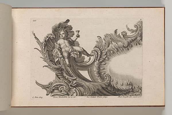 Design for a Rocaille Cartouche with the Figure of Putto holding up a Cup, plate 4 from an untitled series with architectural cartouches and allegorical figures, by Jacob Gottlieb Thelot