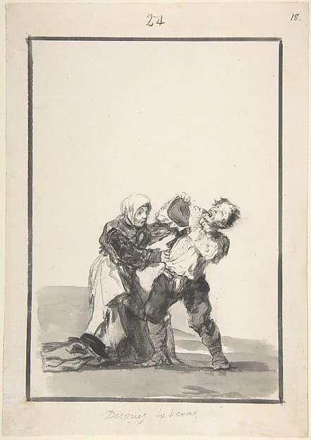You'll See Later; a man drinking, a woman trying to stop him; page 24 from the "Black Border Album" (E), by Goya (Francisco de Goya y Lucientes)