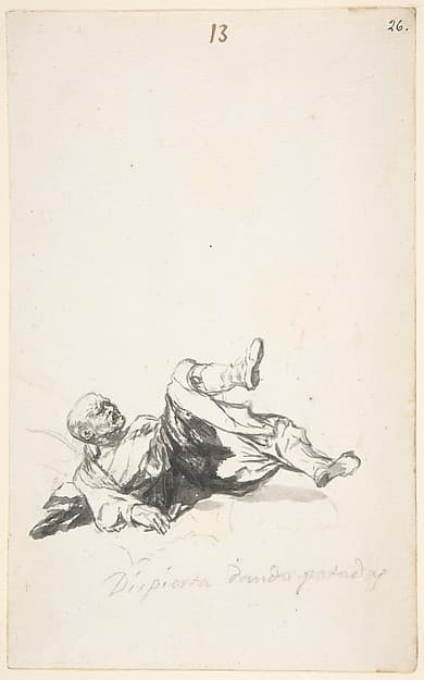 He Wakes Up Kicking; a man on the floor kicking his legs after waking from a nightmare; page 13 from the "Witches and Old Women" Album (D), by Goya (Francisco de Goya y Lucientes)