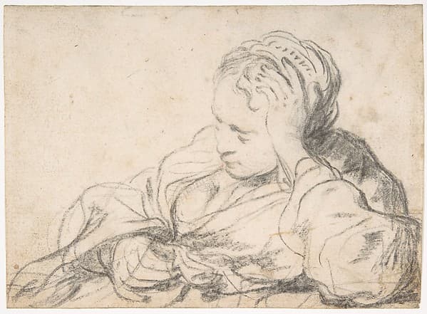 A Woman Asleep (recto); Landscape Composition with Well-Sweep (verso), by Govert Flinck