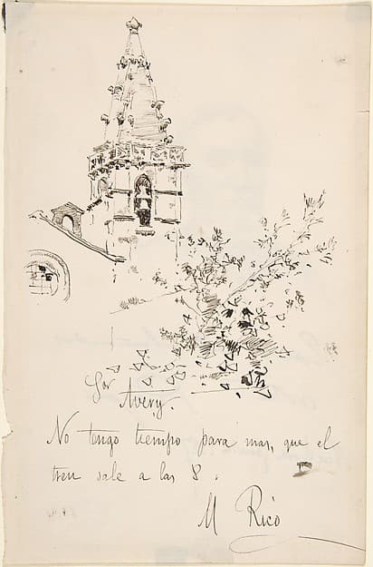Church Tower with Inscription in Spanish to Avery. Verso: 3/4 View Portrait of Man, by Martín Rico y Ortega