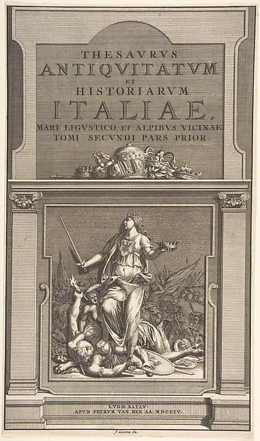 Title Page for "Thesavrvs Antiqvitatvm et Historianrvm Italie, Mari Lingvistico et Alpibvs Vicinae Tome Secondi Pars Prior", by Jan Goeree