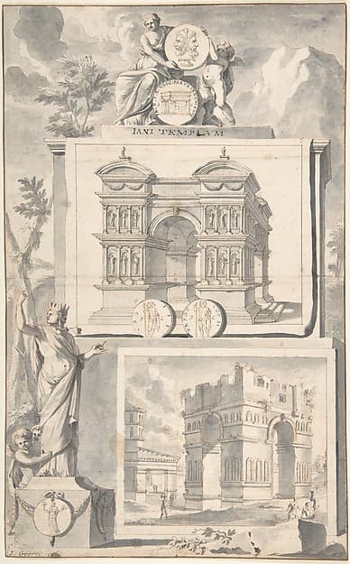 A Reconstruction of the Temple of Janus (above) and a View of the Ruins (below), by Jan Goeree