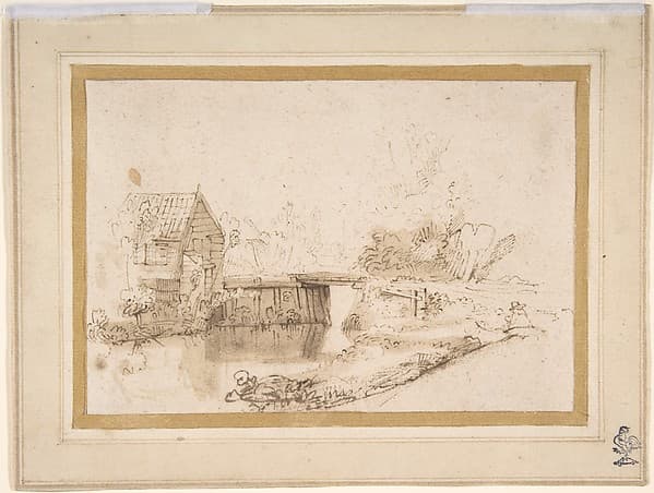 Landscape with a Draughtsman Seated by a River, a Bridge and a Cottage Behind, by Nicolaes Maes