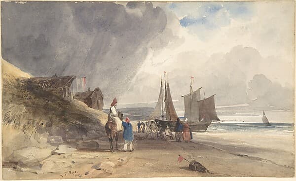 Figures on a beach in northern France, by Thomas Shotter Boys
