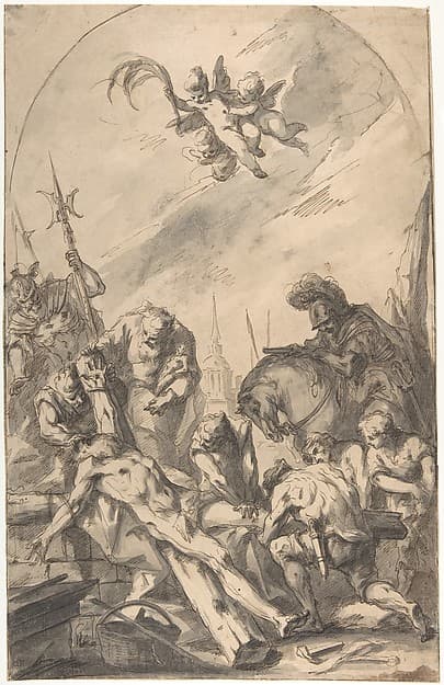 The Martyrdom of Saint Andrew (recto); Back of a Woman Wearing a Long Dress with a Ruff (verso), by Gaspare Diziani