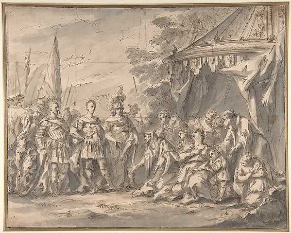 The Family of Darius before Alexander (recto); Sketch of a Horse-Drawn Cart, and Studies of Male Heads and an Infant (verso), by Gaspare Diziani