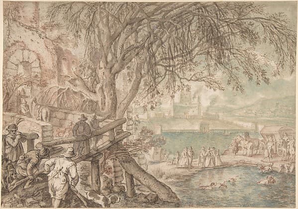 Huntsmen and Company Observing Dogs Retrieving Ducks in a Pond (The Month of April), by Pieter Stevens