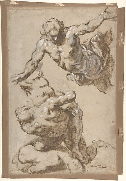 Studies for Four Figures (recto); Composition Sketches for Groupings of Figures on Clouds (verso), by Jacopo Palma the Younger