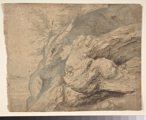 Study of the Side of a Rocky Cliff; Verso: Dam on a Mountain Stream, by Paulus Willemsz. van Vianen