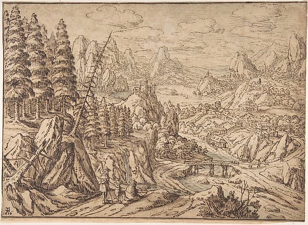 Mountainous Landscape with Travelers on a Road, by Tobias Verhaecht