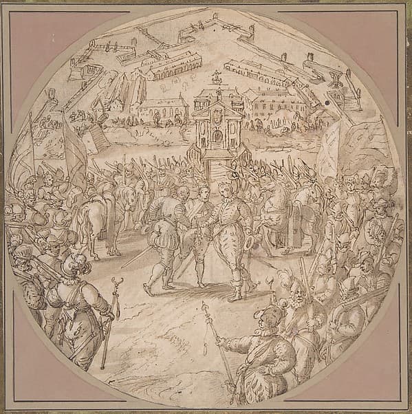 Captain de Bours handing over the Keys to the Citadel of Antwerp to the Estates General, by Maerten de Vos