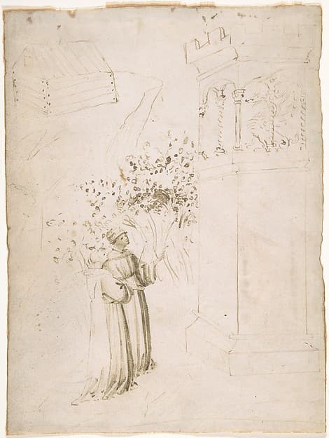 Two Monks Looking up at a Dragon in a Tower, by Anonymous, Italian, Tuscan, early 15th century