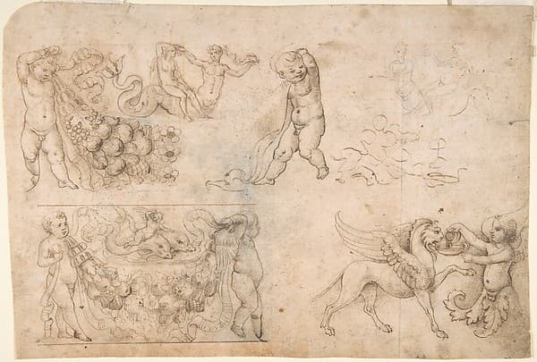 Studies after Antique Frieze Figures, Including Putti with Garlands, with a Chimera and Dolphins (recto); Sketch of a Head (verso), by Anonymous, Italian, Tuscan, late 15th century