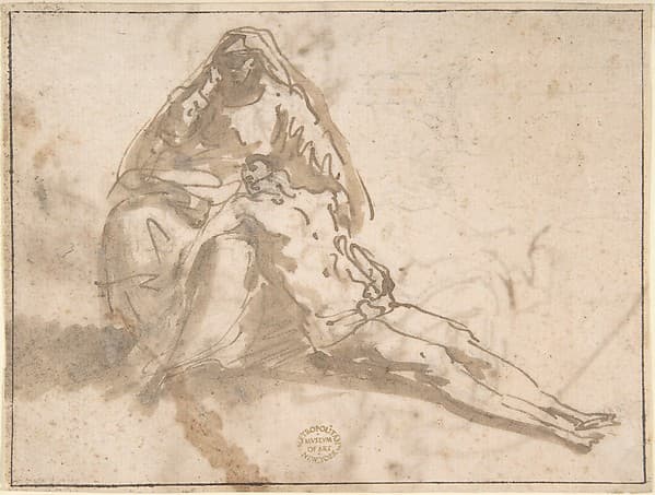Pietà (recto); Sketches of Kneeling Figures, Putto (verso), by Domenico Mondo