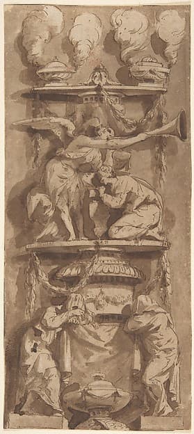 Design for a Funerary Monument or Epitaph with Mourning Figures, by Anonymous, Italian, 18th century