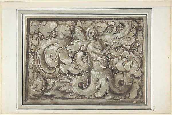 Nymph Playing a Horn (recto); Bracket with a Man's Head (verso), by Anonymous, German, 16th century