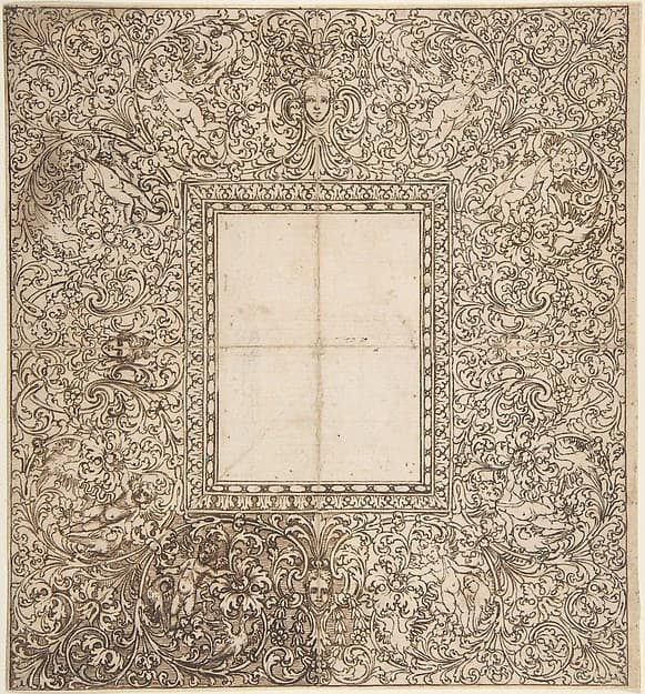Design for a frame with foliates and putti, by Anonymous, German, 17th century