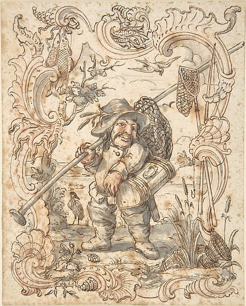 Caricatures of a Fish and a Bird Peddler in Ornamental Frames, by Johann Esaias Nilson