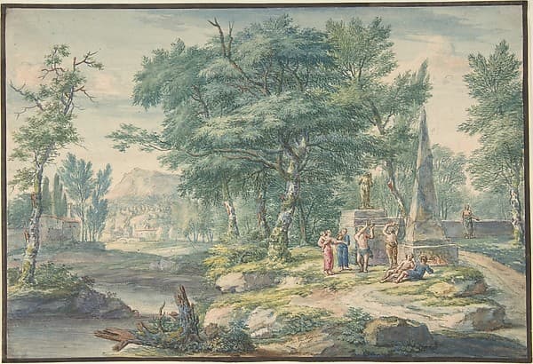 Arcadian Landscape with Figures Making Music, by Jan van Huysum