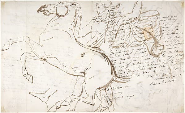Rearing horse and trainer, drawn on a letter (recto); Studies of women and children (verso), by William Etty