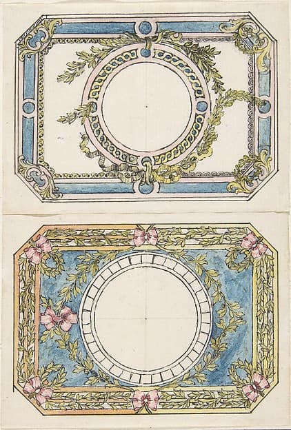 Two Separate Designs for the Top and Bottom of a Rectangular Gold Enameled Box with Canted Corners, by Pierre Moreau