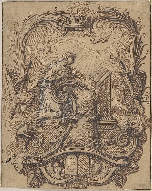 Study for a Decorated Initial A with the Annunciation, by Gilles-Marie Oppenord