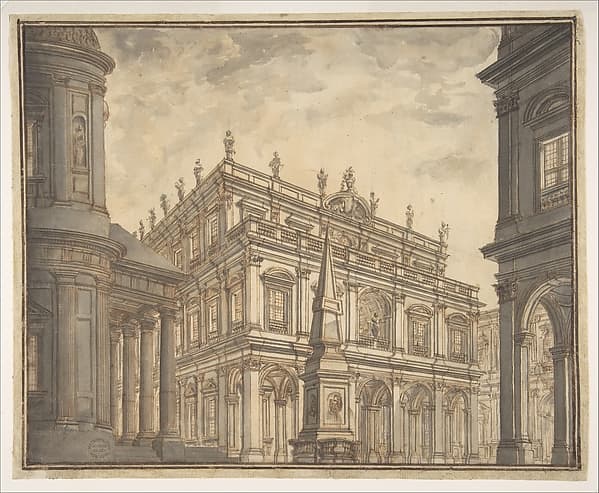 Design for a Stage Set: A Town Square with a Fountain, by Ferdinando Galli Bibiena