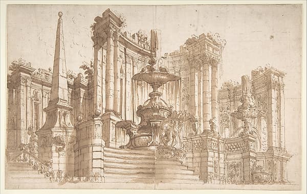 Design for a Stage Set: Semi-Circular Architectural Ruins, Fountains, and an Obelisk, by Ferdinando Galli Bibiena