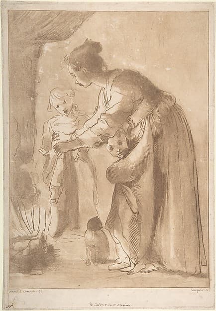 A Domestic Scene: Woman Warming Clothes and Children in Front of a Fire, by Vincenzio Vangelisti