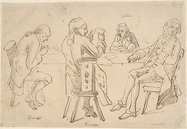 Four Artists seated at a table (Brunet, Potier, Tiercetin [?], Vernet), by Carle (Antoine Charles Horace) Vernet