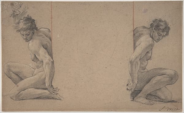Two Crouching Nude Male Figures, by Simon Vouet