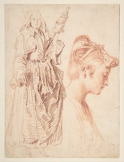 Studies of a Standing Woman Holding a Spindle and a Woman’s Head in Profile to the Right, by Antoine Watteau