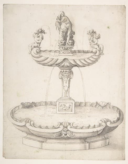 Design for a Fountain with Two Basins One on Top of the Other and Statues of Venus and Putti on the Top., by Francesco Fanelli