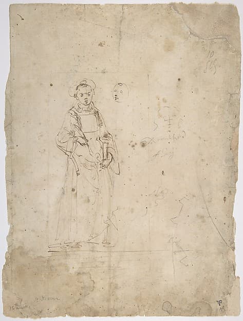Standing Figure of Saint Stephen and the Head of Another Figure Within the Framing Outlines of a Rectangle, Crude Sketch of the Head of Another Figure, Undecipherable Sketch of a Polygonal or Circular Object with Small Projections, by Domenico Ghirlandaio (Domenico Bigordi)