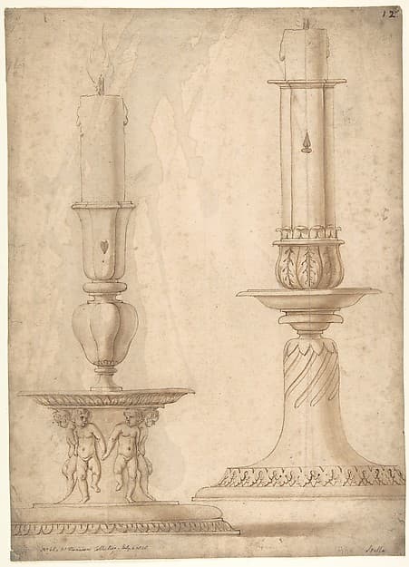 Design for Two Candlesticks with decorated Bases, by Giulio Romano